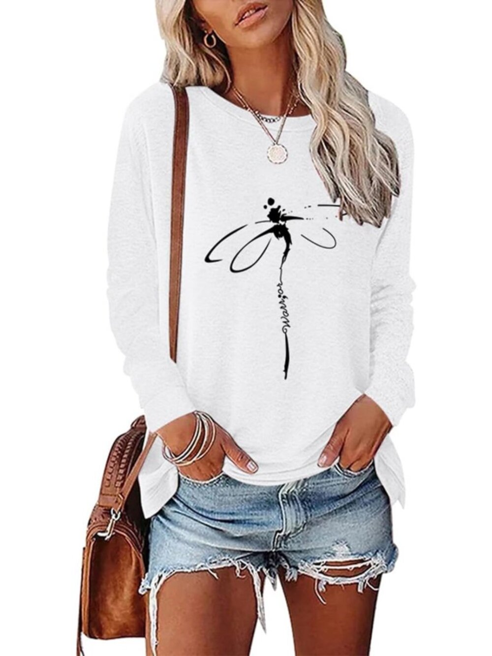 Trendy Women's Dragonfly Graphic Long Sleeve Tee - Cozy Fall Winter Pullover Top